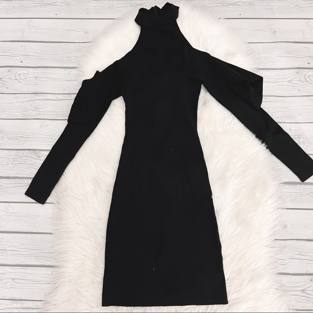 Olivaceous black long sleeve ruffle cold shoulder dress
